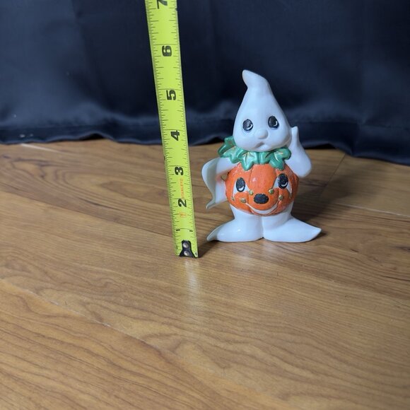 Vintage Ceramic Painted Ghost Pumpkin Jack O Lantern Kitsch Figurine Halloween - Picture 5 of 12